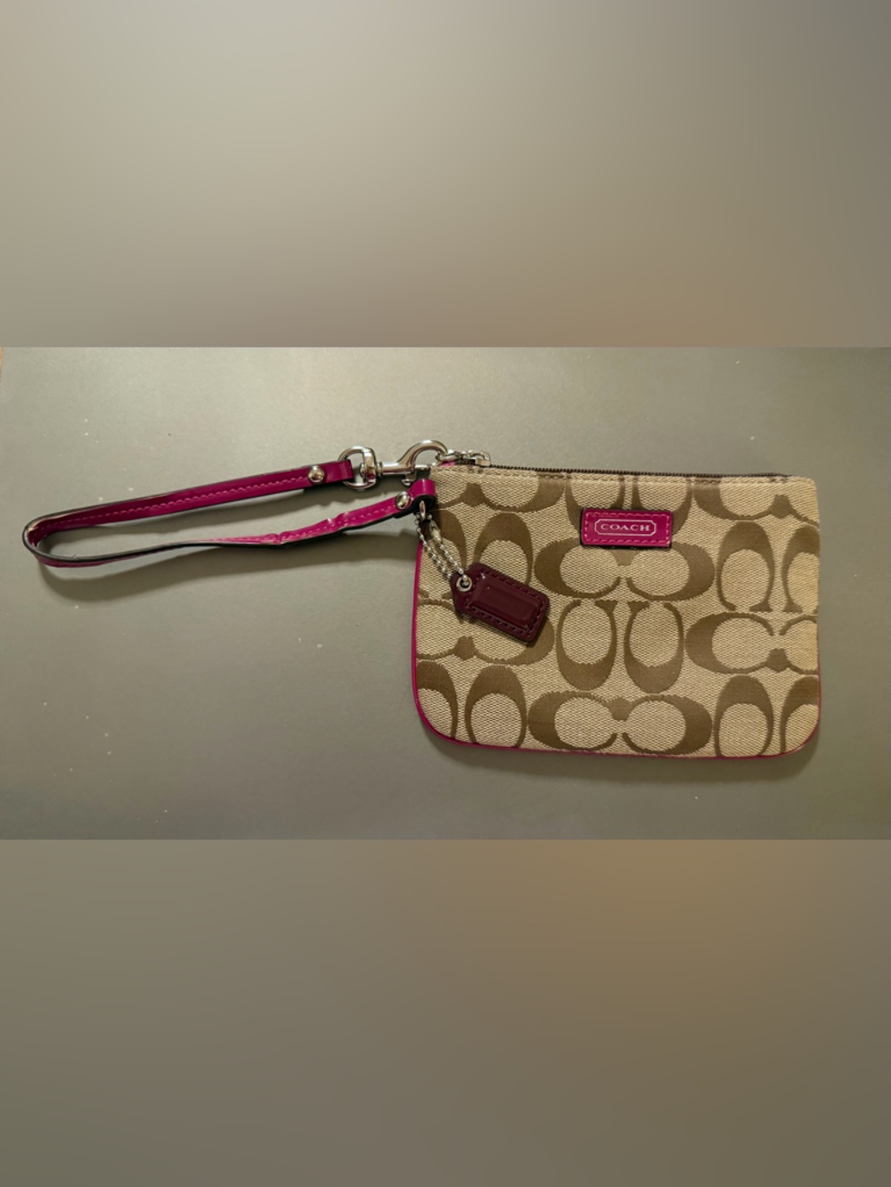 Coach Beige Signature Canvas Wristlet with Pink Trim